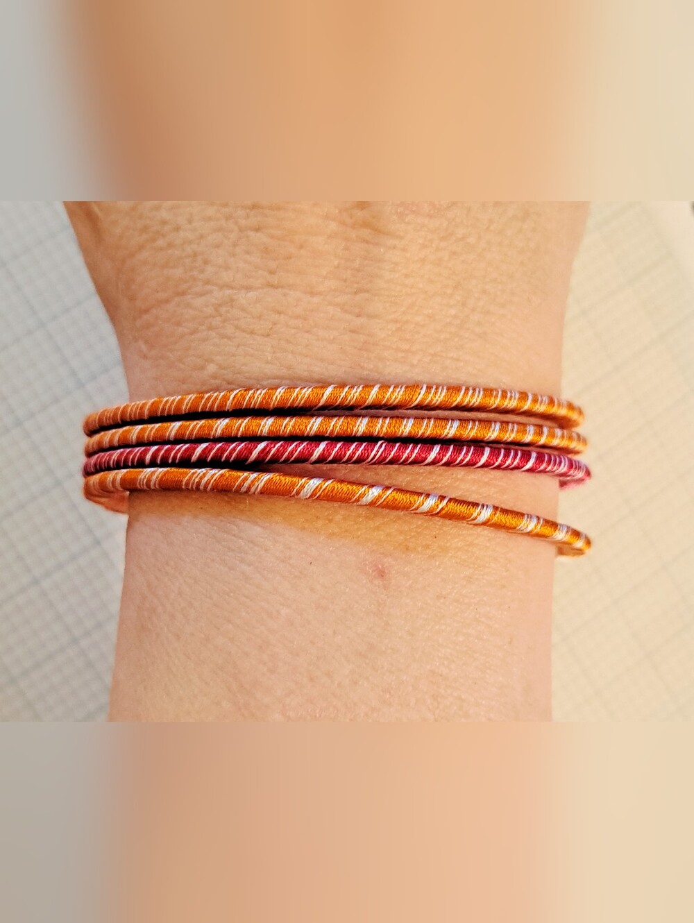 Handwoven Orange and Red Thread Wrap Bangle Bracelets Set